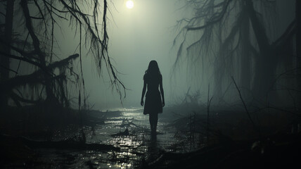 silhouette of woman walking in forest