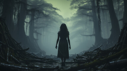 silhouette of woman walking in forest - Powered by Adobe
