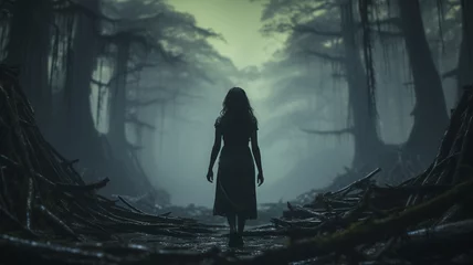 Fototapeten silhouette of woman walking in forest © King stock N1
