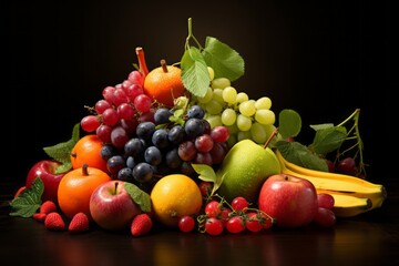 Still life with fresh fruits and berries on a dark background. Healthy food concept.