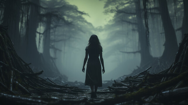 silhouette of woman walking in forest