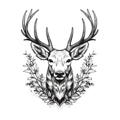 a drawing of a deer head in black and white. Tattoo idea for wildlife, forrest and  hunting theme. - obrazy, fototapety, plakaty