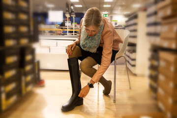 Symbolbild: Elegante junge Frau bei der Anprobe von kniehohen schwarzen Stiefeln in einem Geschäft...
