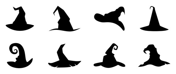 Set of Halloween hats. Vector of Halloween theme black witch hat isolated on white background. - obrazy, fototapety, plakaty