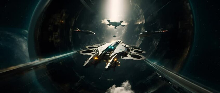 Rows of futuristic spaceships flying over a planet. Anamorphic 4k footage