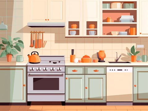 Illustration elevation of modern design kitchen cabinet equipped with kitchen tools. Using bright colors to give a cheerful mood.
