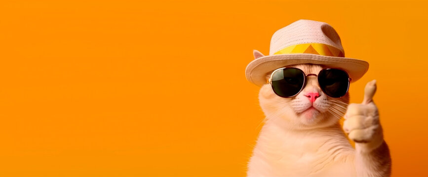 Portrait Of A Cat In Black Sunglasses And A Straw Hat, Holding A Thumb Up As A Sign Of Excellent Work Or Pointing At You. Panoramic Image On The Right Against Of A Isolated Orange Banner. AI.