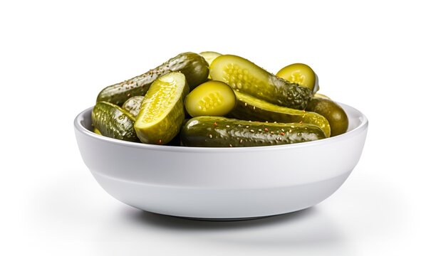 bowl of pickled cucumber white background macro, ai generative