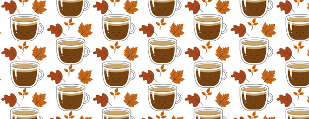 Seamless pattern with a cup of warm coffee and autumn leaves autumn illustration