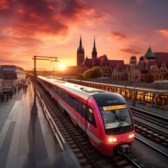 Beautiful railway station with modern red commuter train at colorful sunset in nuremberg , germany. 