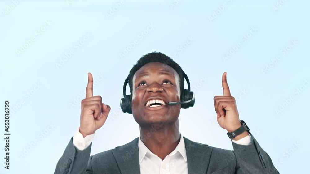 Poster black man, callcenter consultant pointing up and communication with guide lines or information in st