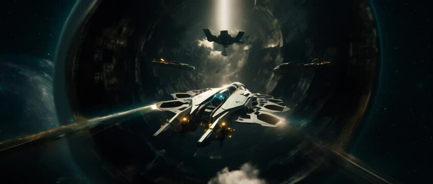 Futuristic spaceship flying over a planet. Anamorphic 4k footage
