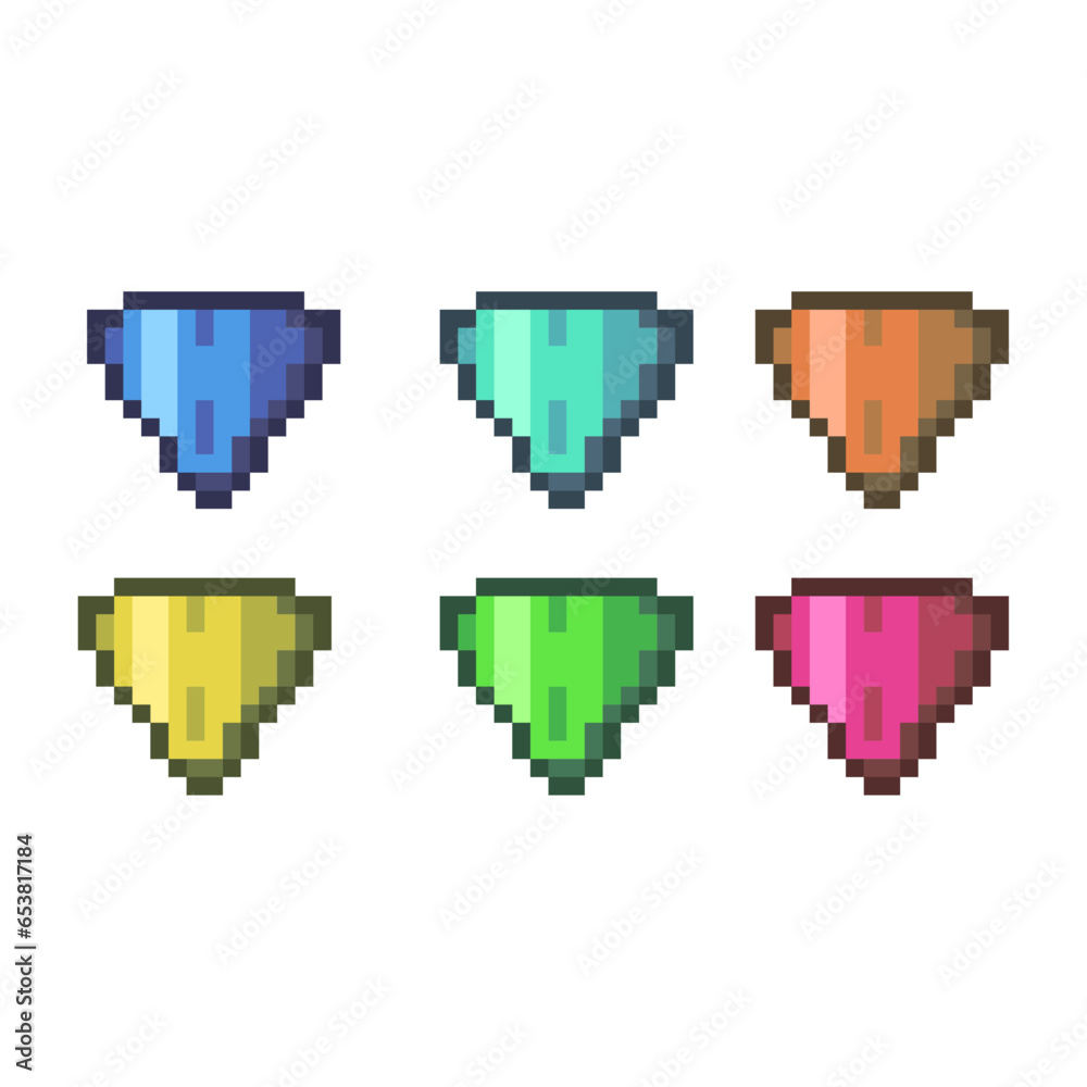 Poster pixel art sets of shield defense with variation color items asset. simple shield on pixelated style.