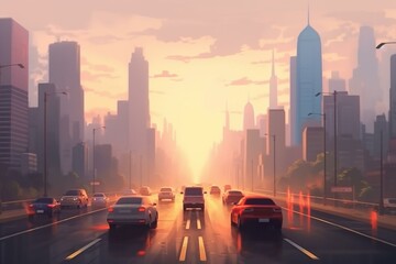 Urban skyline with towering buildings and misty sky, cars driving on the road. Generative AI