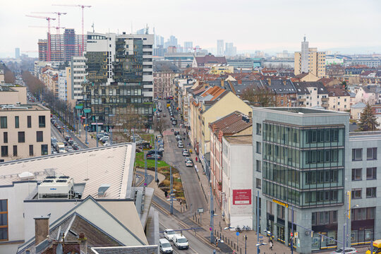 26.01.2023, Germany, Offenbach am Main. Great panorama of Offenbach city with a view to Kaiserlei - Siemens old Towers from above