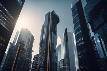 Futuristic cityscape with glass skyscrapers in the sunlight