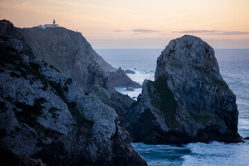 View of the cliffs and the Cabo da Roca lighthouse in Sintra, Portugal.