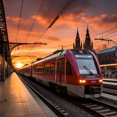 Beautiful railway station with modern red commuter train at colorful sunset in nuremberg , germany.  - obrazy, fototapety, plakaty
