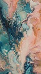 Fluid art painting in peach, coral, and blue