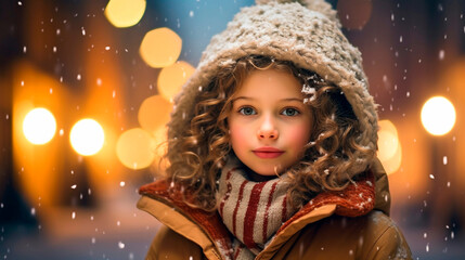 Portrait of litle girl child standing outdoors in winter under snowflakes and christmas city lights in background