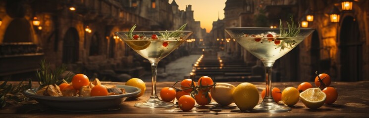 Cocktail glass of martini with alcohol and the addition of olives and lime. A chilled drink for a party. Triangular shaped bowl on a long stem with a cocktail, festive background with space for text.
