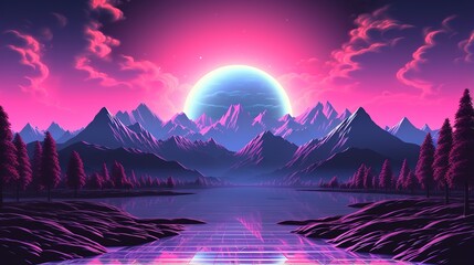 Generative AI, 80s retro futuristic sci-fi., nostalgic 90s. Night and sunset neon colors, cyberpunk vintage illustration. Sun, mountains and palms. Retrowave VJ videogame landscape