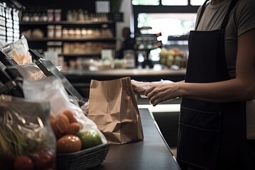 Person wearing apron and gloves in a store packing a food in a paper bag, shopping in supermarket.