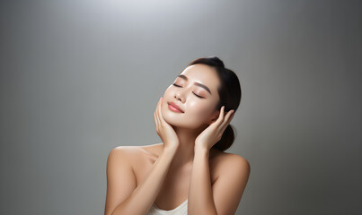 Fototapeta premium Beautiful young Asian woman, white, smooth, clean face. Studio atmosphere, advertising concept for cosmetics, spa, beauty clinic, Generative AI