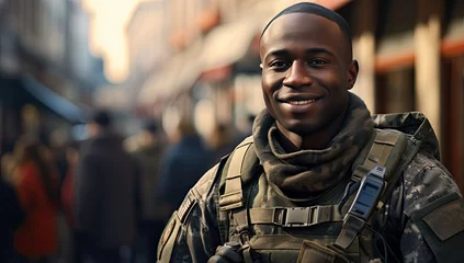 Fotobehang African American soldier in military uniform smiling on the street © Photo And Art Panda