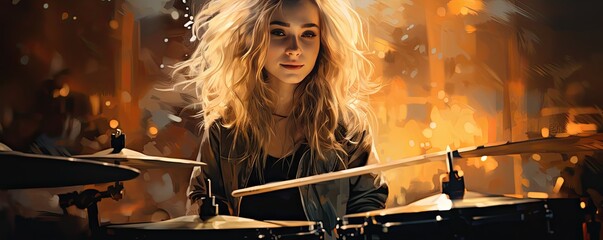 Young blonde girl playing drums on a stage. 