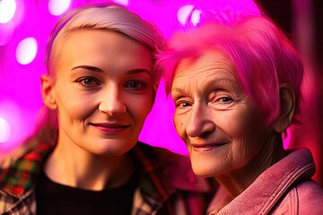 Portrait selfie of two female characters with pink hair, modern fashion, grandma and granddaughter.