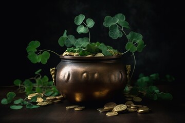 Pot of golden coins and clover leaves, st patrick's day holiday, lucky coin. Irish traditional element, mythology.