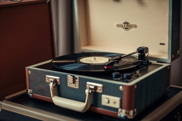 Vintage vinyl record player in a suitcase.