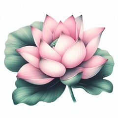 Pink Lotus flower and green Leaf. Blooming Water Lily. Watercolor illustration isolated on a white background. Hand-drawn composition for poster, cards, greeting, cosmetics packaging. Generative AI 