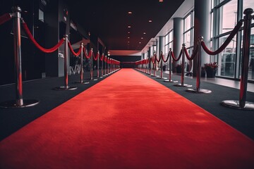 Long red carpet for event, night of movies premiere in cinema. Luxury hallway