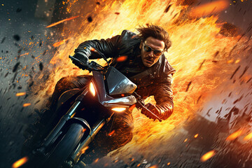 Action shot with man riding away from explosion on bike. Dynamic scene with fire in action movie blockbuster style. © swillklitch