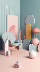 Modern living room interior design with pastel colors with abstract geometric figures.