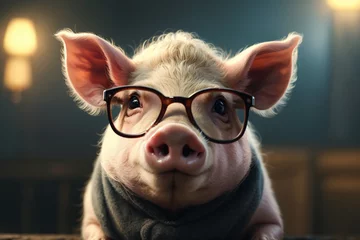 Fotobehang a cute pig wearing glasses © Salawati