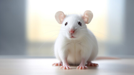 White domestic rat close-up on the table