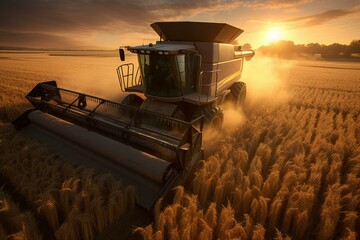 A harvester moves through a wheat field during sunset. Generative AI