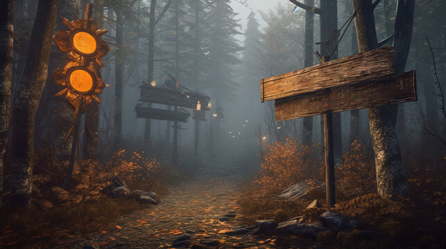 Signboard at the enty of dark fairytale village in Halloween style.