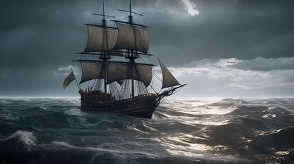Fototapeta premium Ship in the stormy sea with huge waves. Giant stormy waves in the ocean and boat.