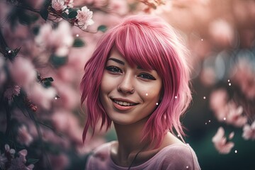 All-pink spring portrait of Pink-haired girl in front of a blooming tree