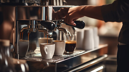espresso machine, pours coffee. horizontal format. Generative Ai