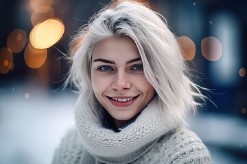 Winter portrait of beautiful girl with white hair in cozy sweater in evening street