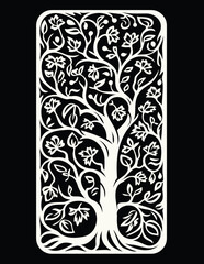 black and white woodblock ornate tree