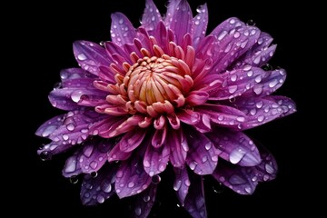 Vibrant flower showcasing purple chrysanthemum beautifully adorned with dew drops against dark backdrop. Generative AI