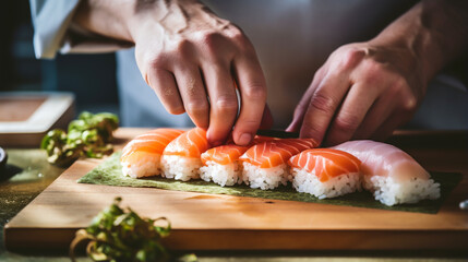 A Japanese chef prepares sushi with his hands from salmon and tuna. close-up. horizontal format. Generative Ai