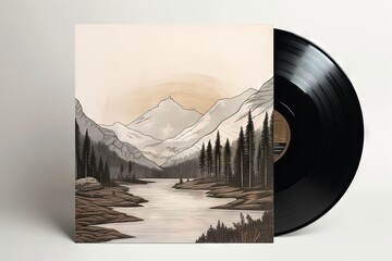 Vinyl record cover with mountain landscape.