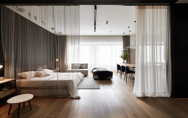 Modern interior with string curtain separating bed